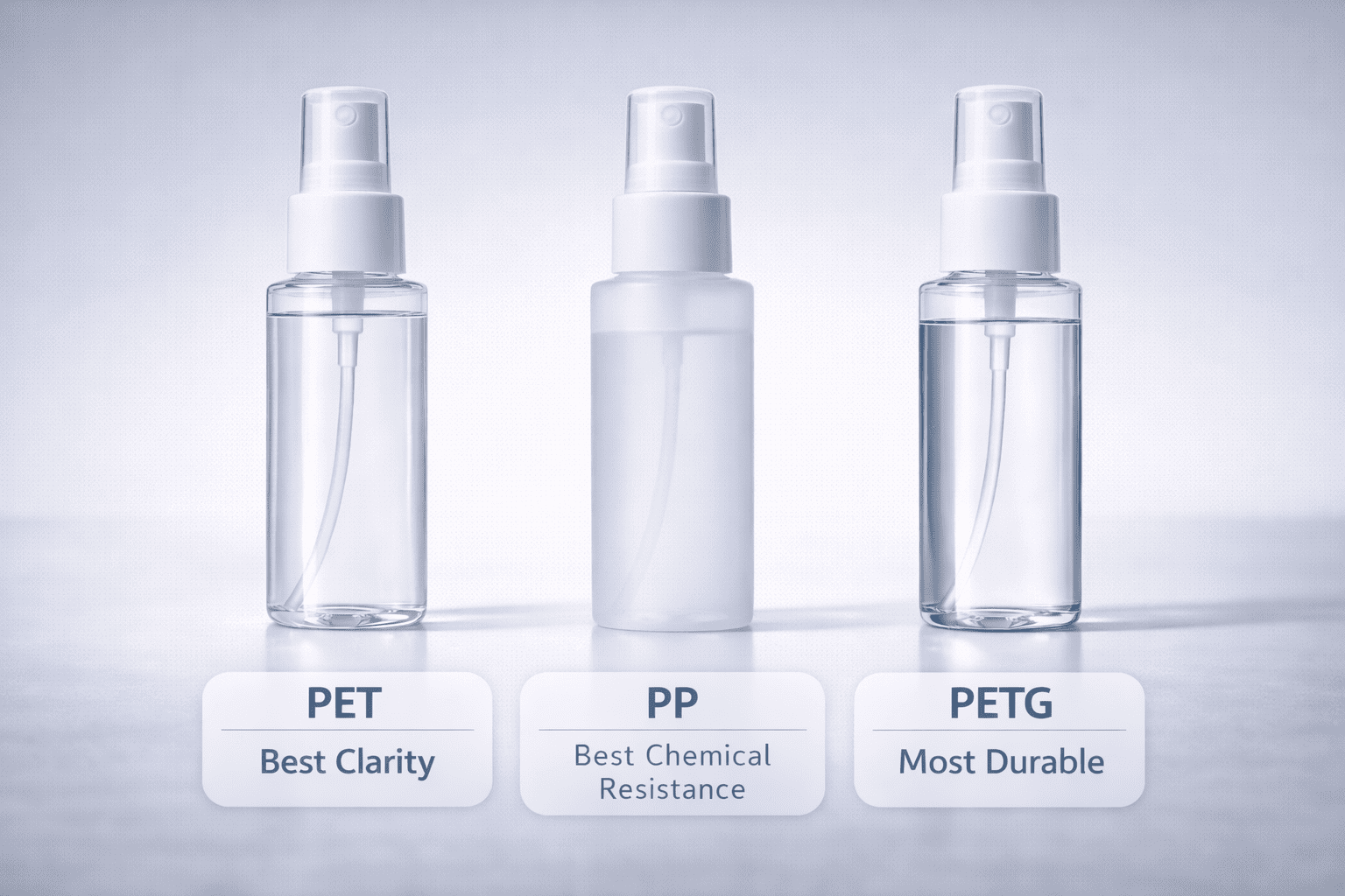 A lineup of PET, PP, and PETG spray bottles with visual labels showing clarity, chemical resistance, and durability