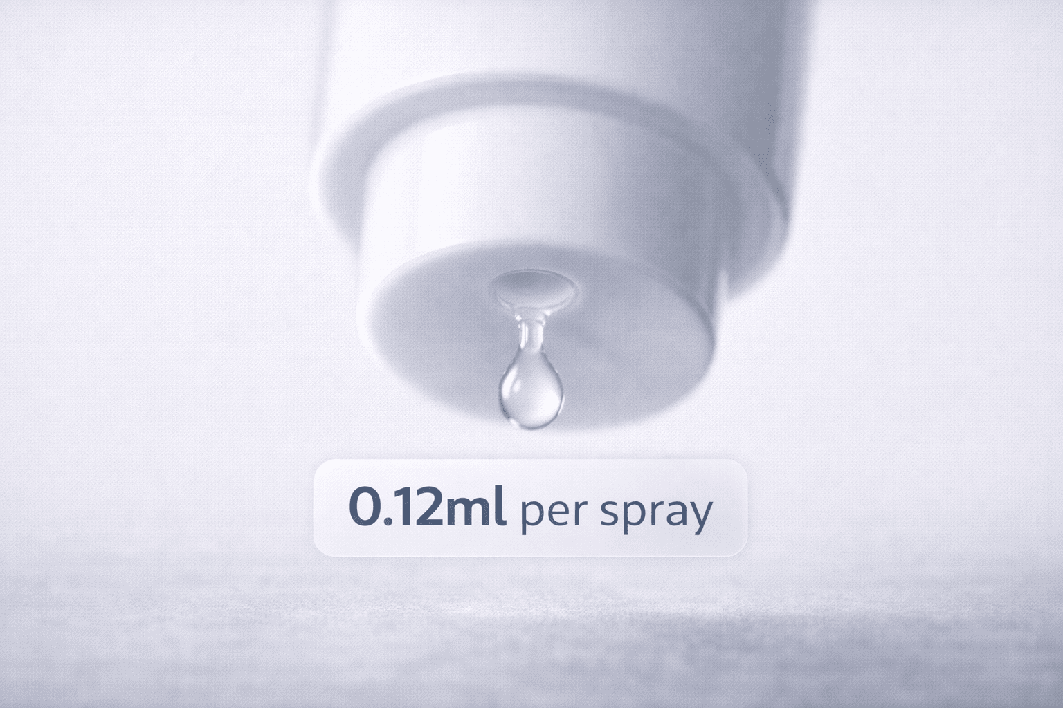 Close-up of a spray nozzle with a small droplet forming, illustrating a precise 0.12ml spray output per pump