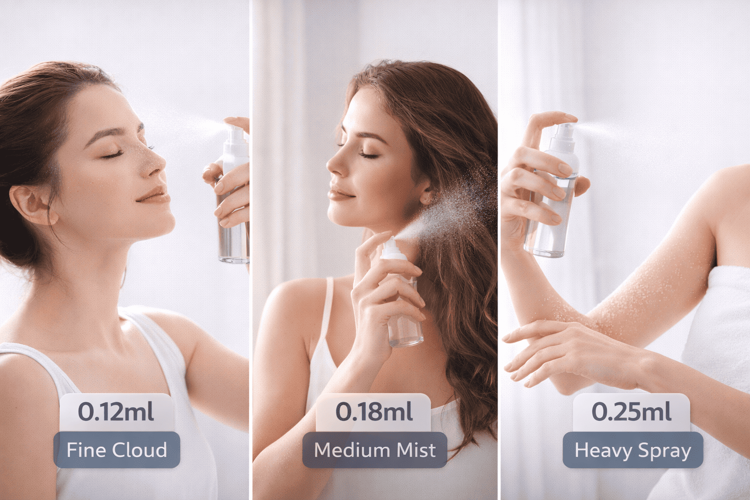 A woman misting her face, another spraying hair, and a person applying spray to the body, showing different usage scenarios