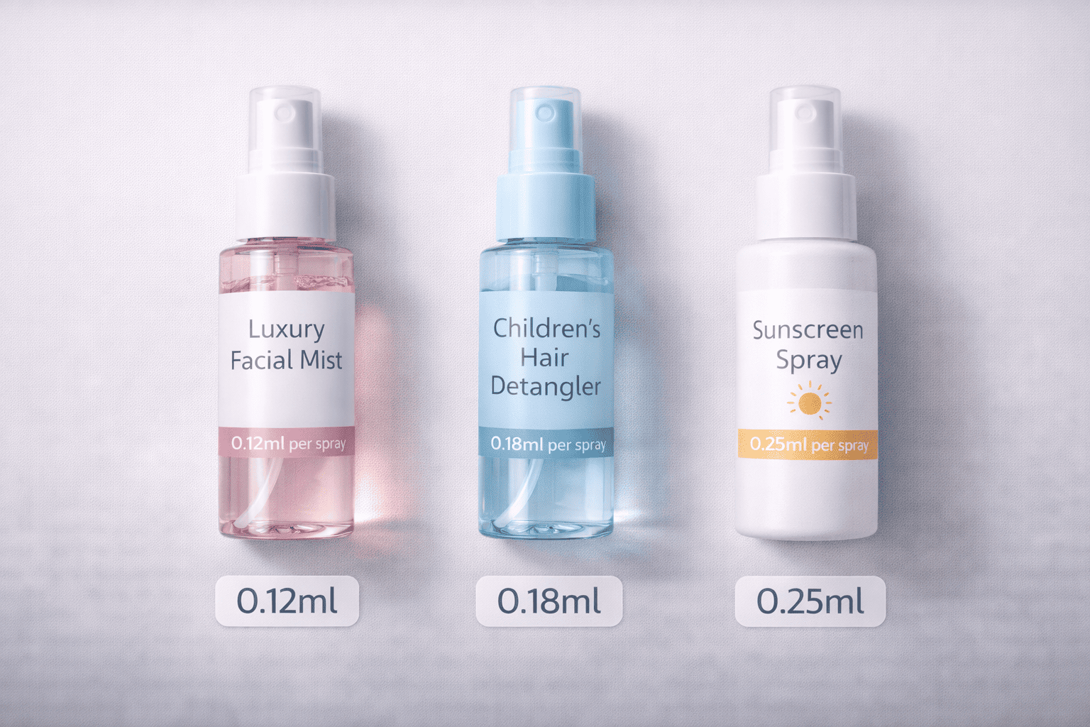 A facial mist, a hair detangler spray, and a spray sunscreen arranged side by side to represent different spray outputs