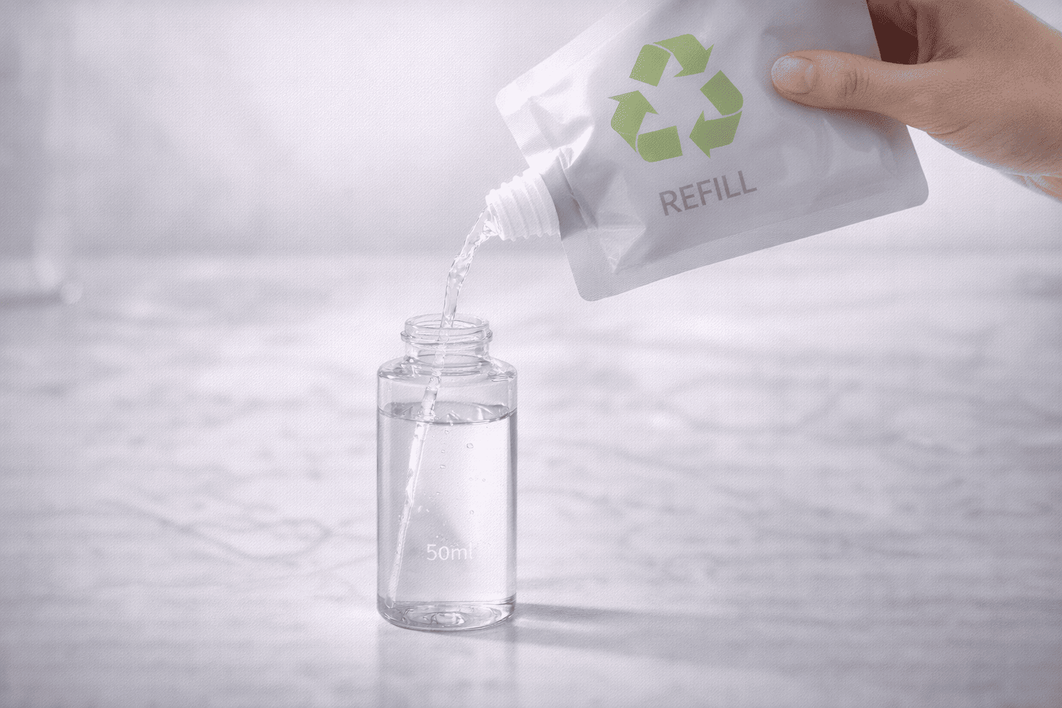 A hand refilling a stylish 50ml spray bottle from a minimalist refill pouch, demonstrating a reusable and sustainable packaging concept