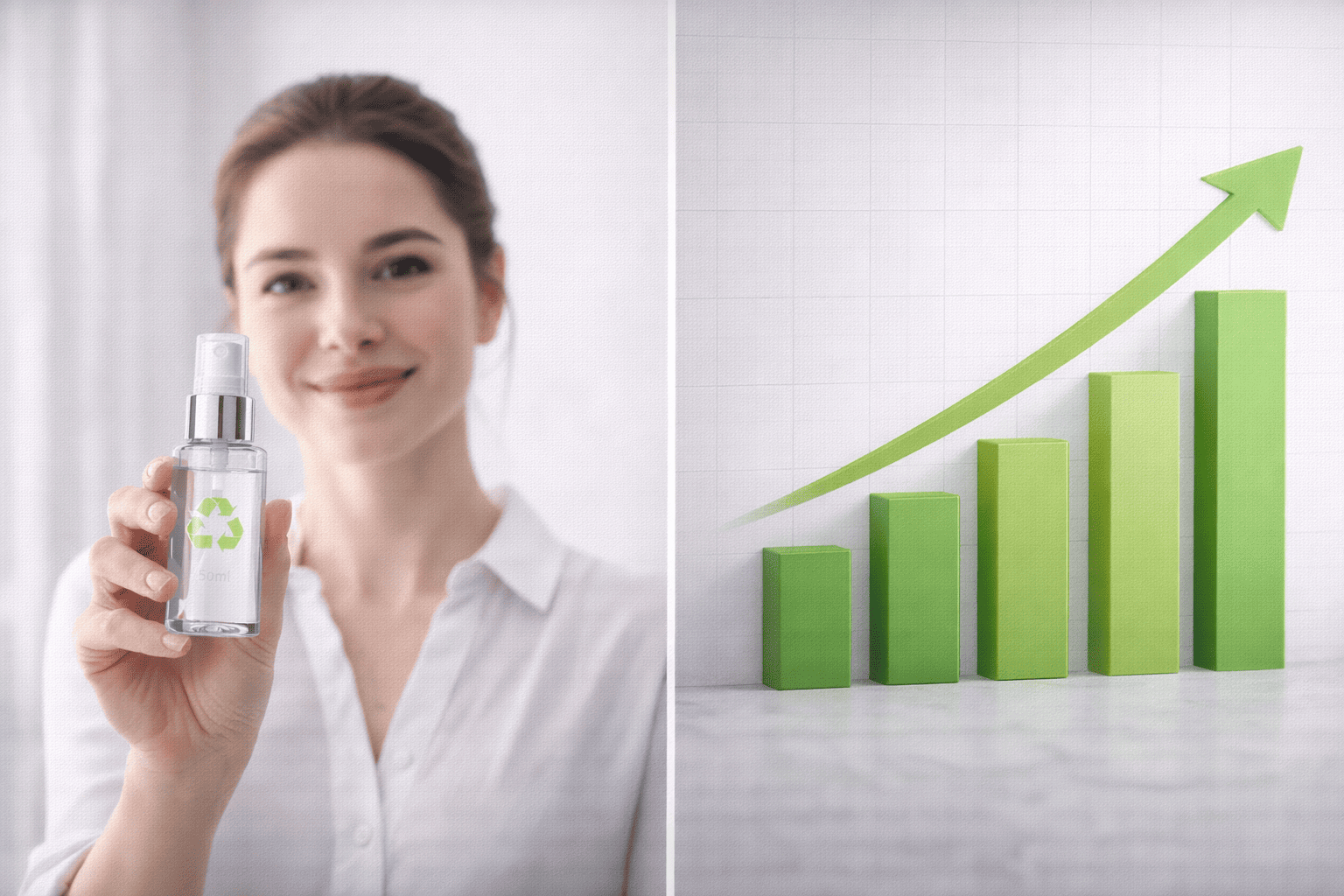 A satisfied customer holding a refillable spray bottle alongside a chart showing improved customer loyalty and sales growth