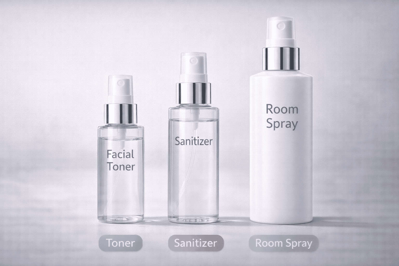 A lineup of spray bottles designed for different uses, including a fine mist bottle for toner, a compact sanitizer spray, and a larger room spray bottle