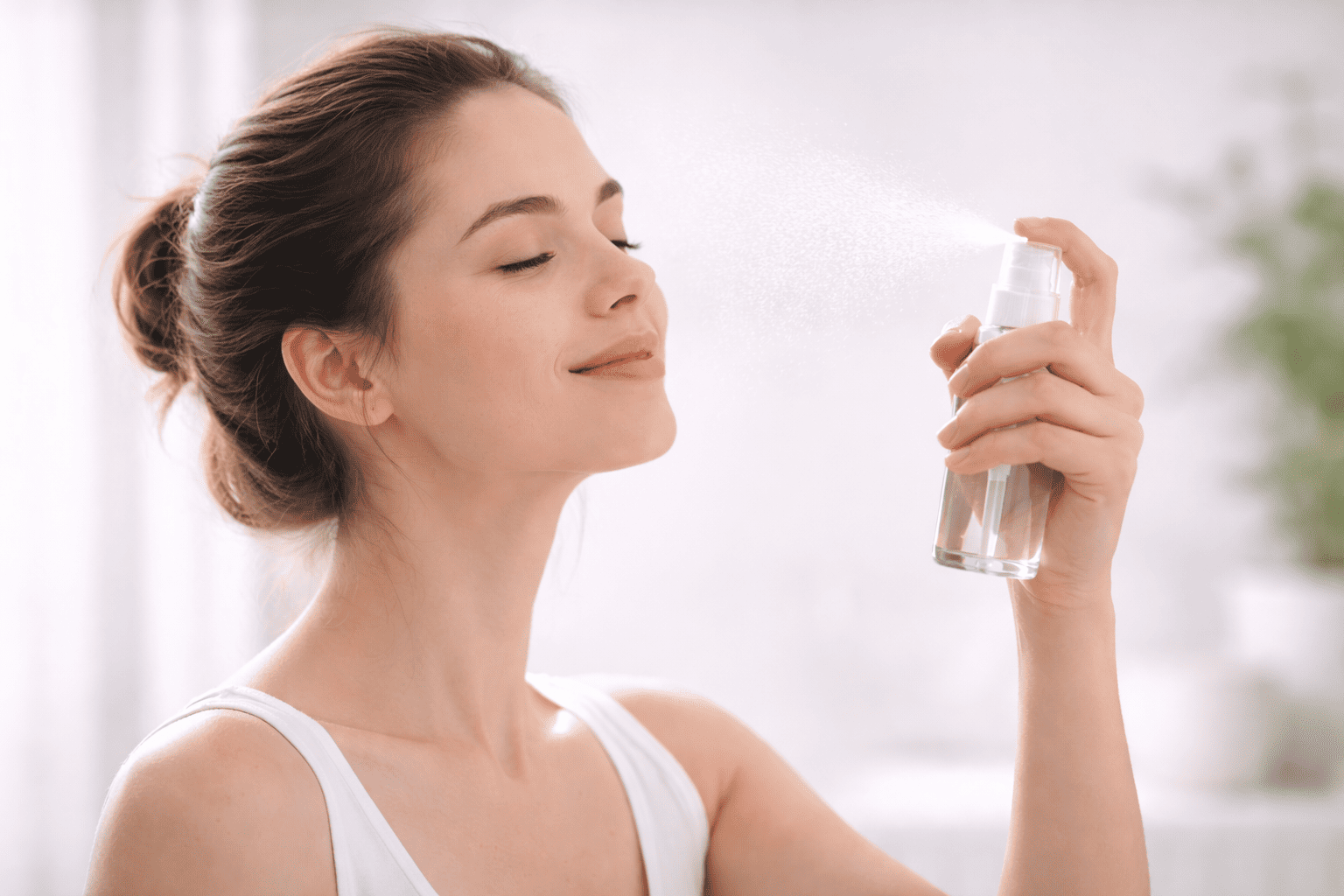A woman applying facial toner using a spray bottle that releases a gentle, fine mist onto her face