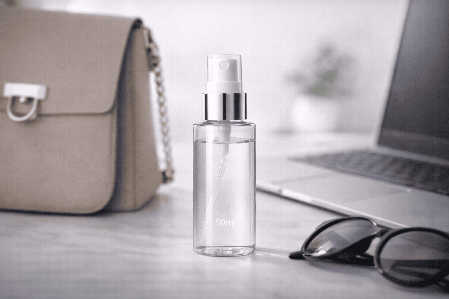 A 50ml spray bottle placed beside a handbag, laptop, and sunglasses to show portability for daily use