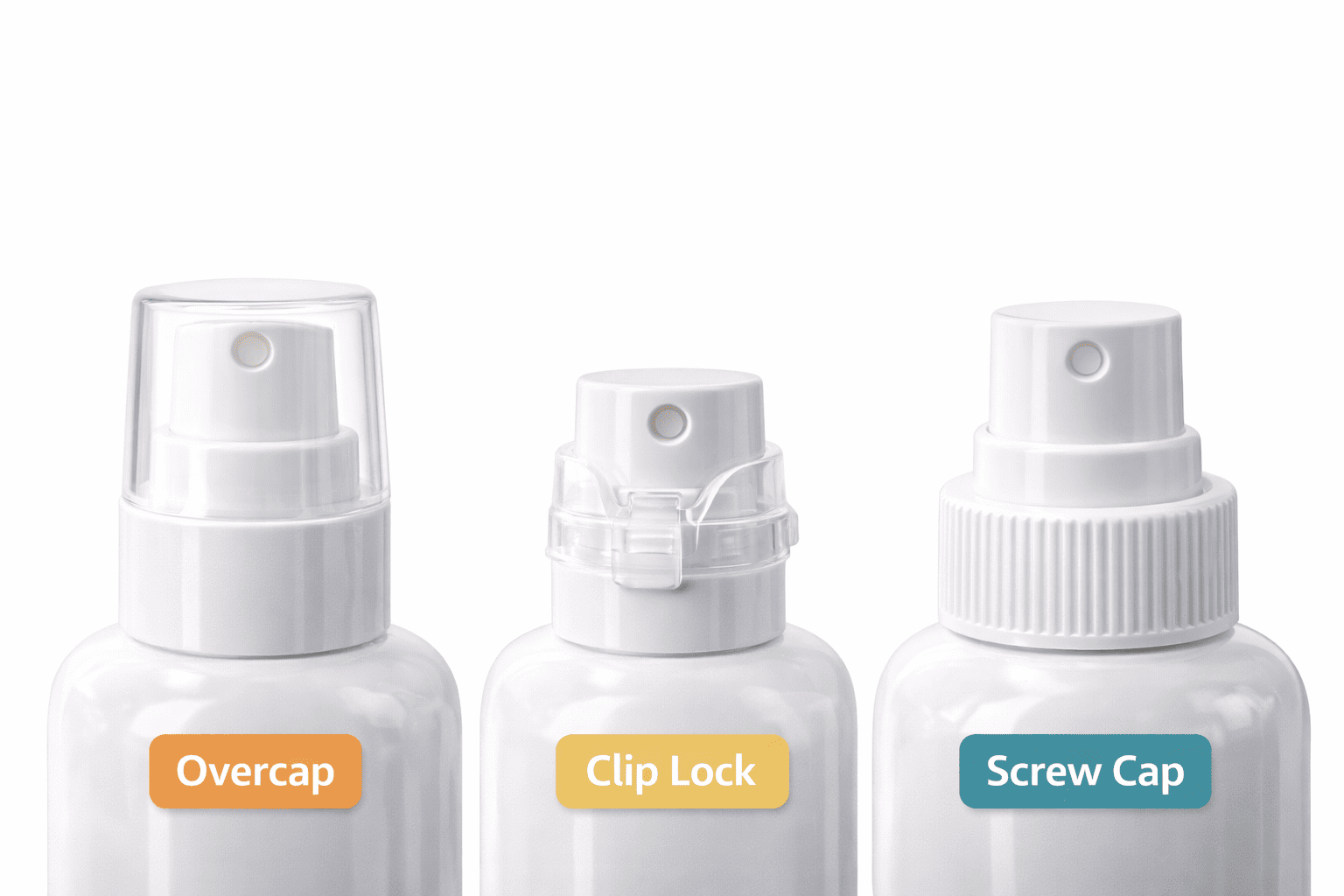 Three different spray bottle cap types shown side by side, including a clear overcap, a safety clip lock, and a threaded screw cap next to a spray pump
