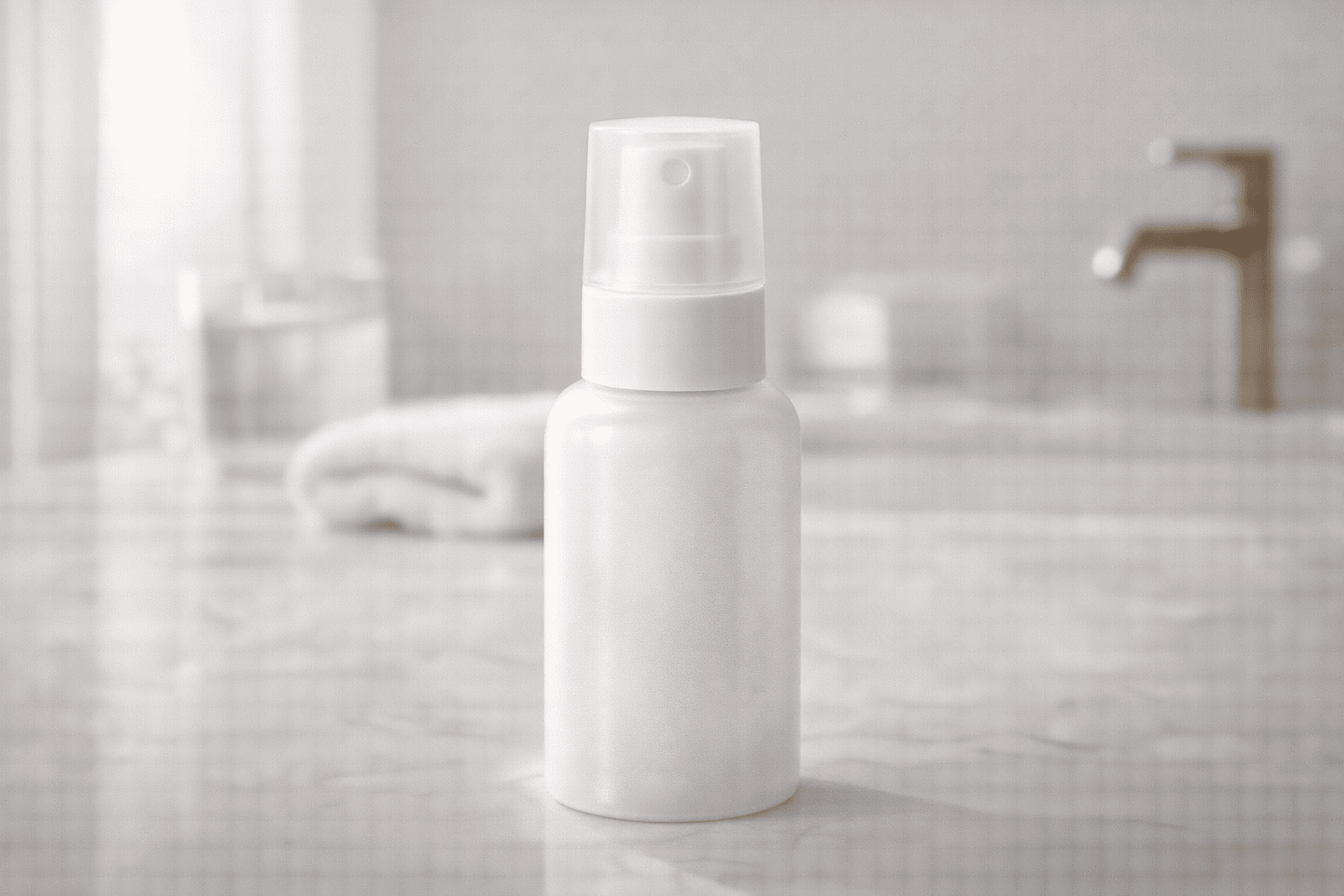 A frosted facial mist bottle with a matching overcap displayed on a bathroom countertop in a clean, minimalist setting