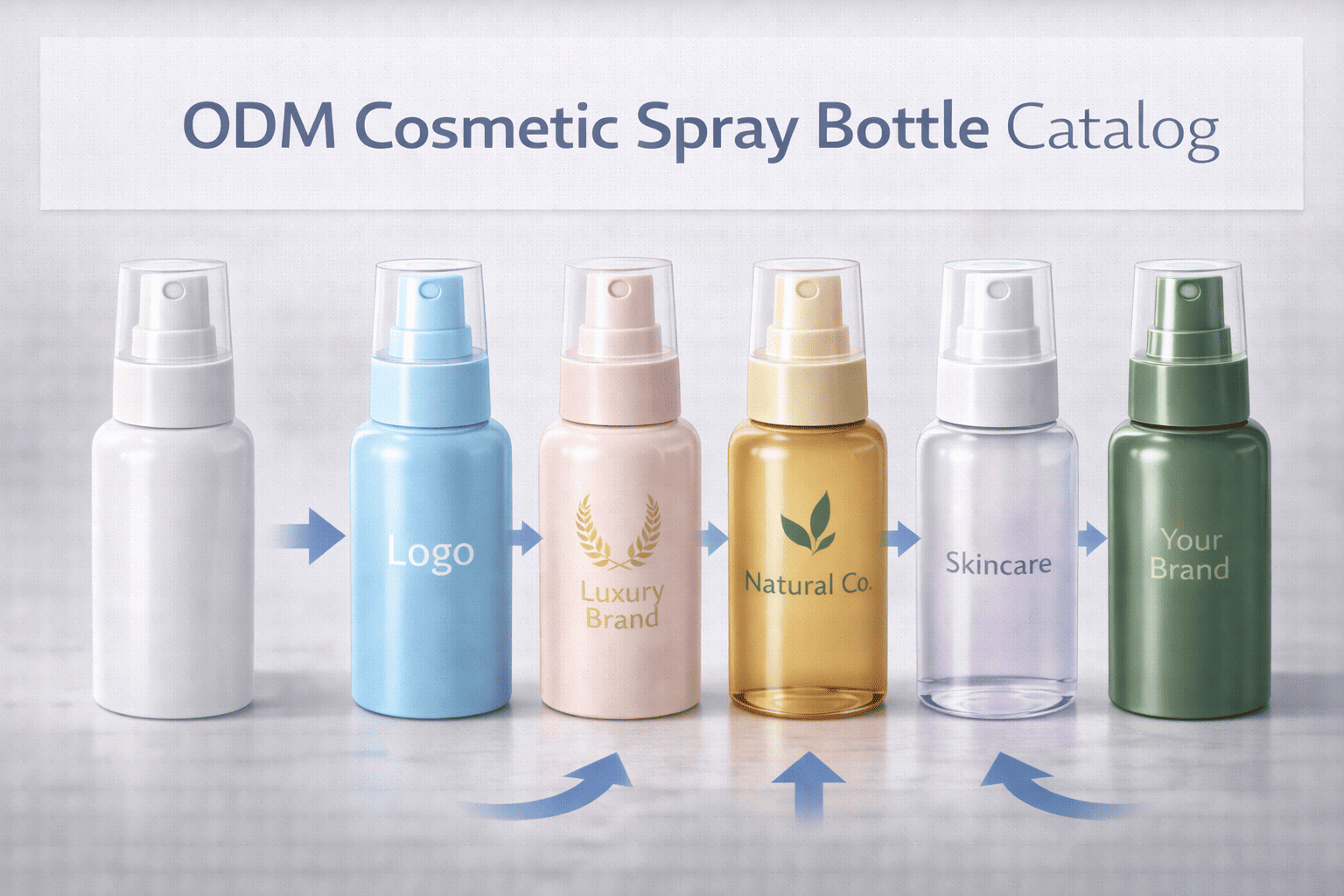 A standard spray bottle from a catalog displayed alongside customized versions in different colors and logo prints