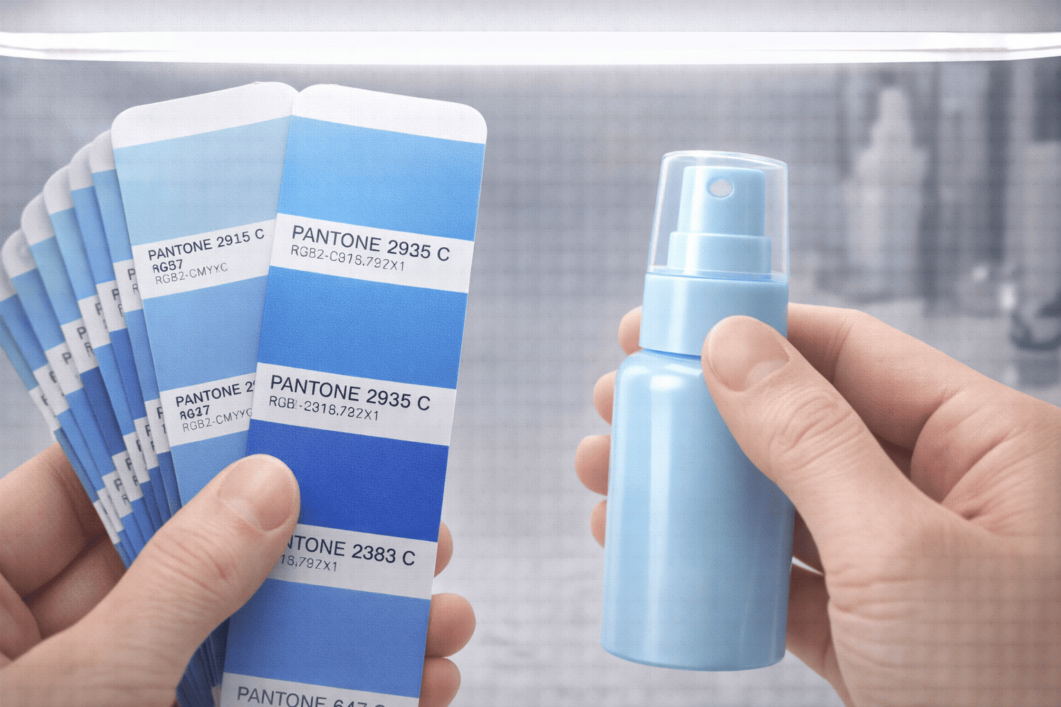 A Pantone color swatch being compared with a molded plastic spray bottle cap under bright lighting