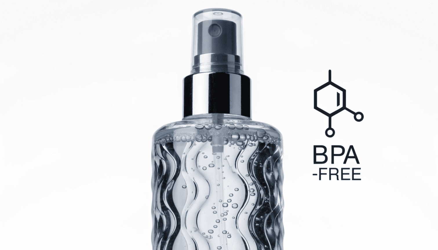 A clear PET spray bottle displayed next to a BPA-free certification symbol