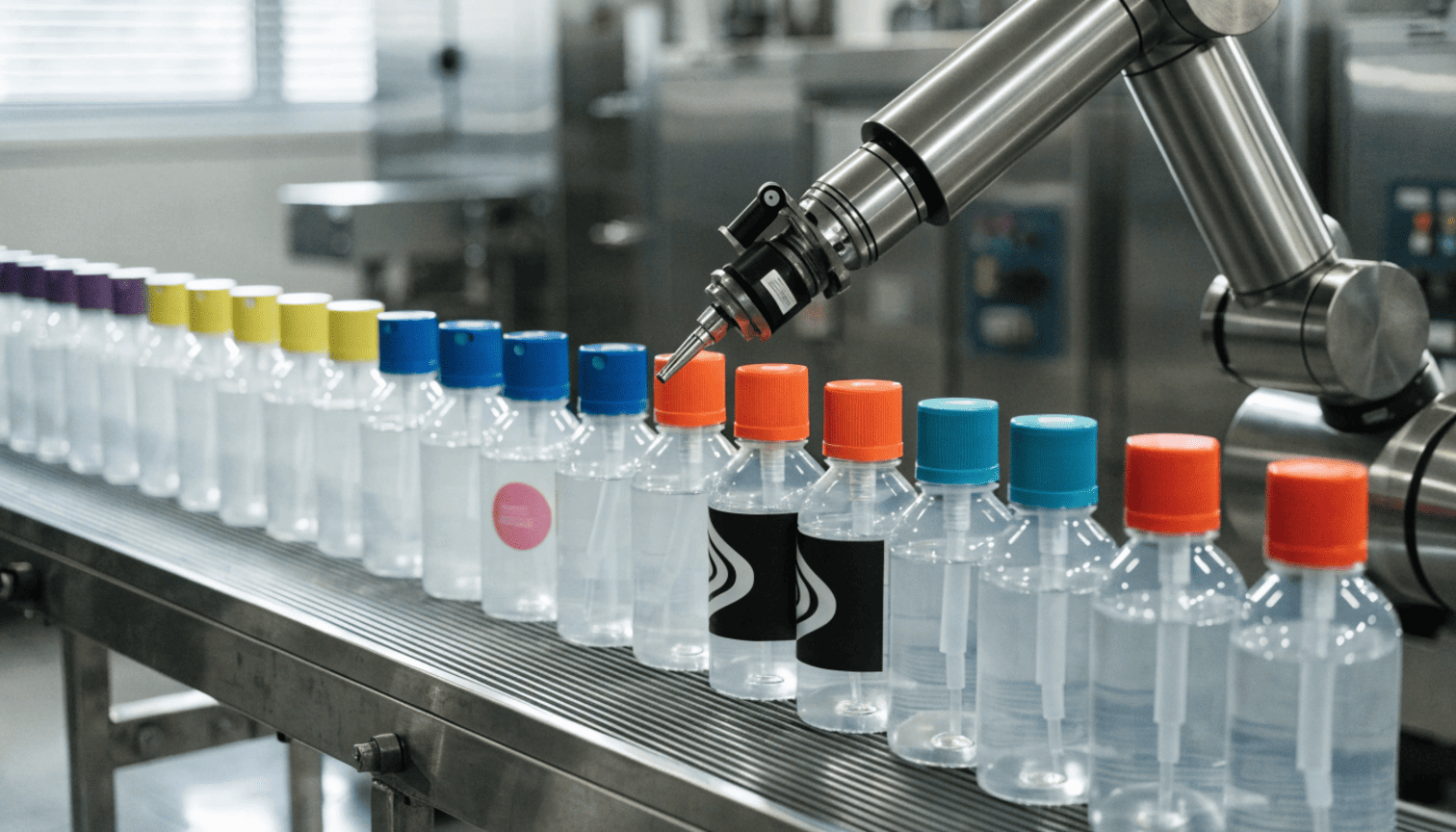 Identical clear cosmetic bottles on a production line being customized with different colors and labels