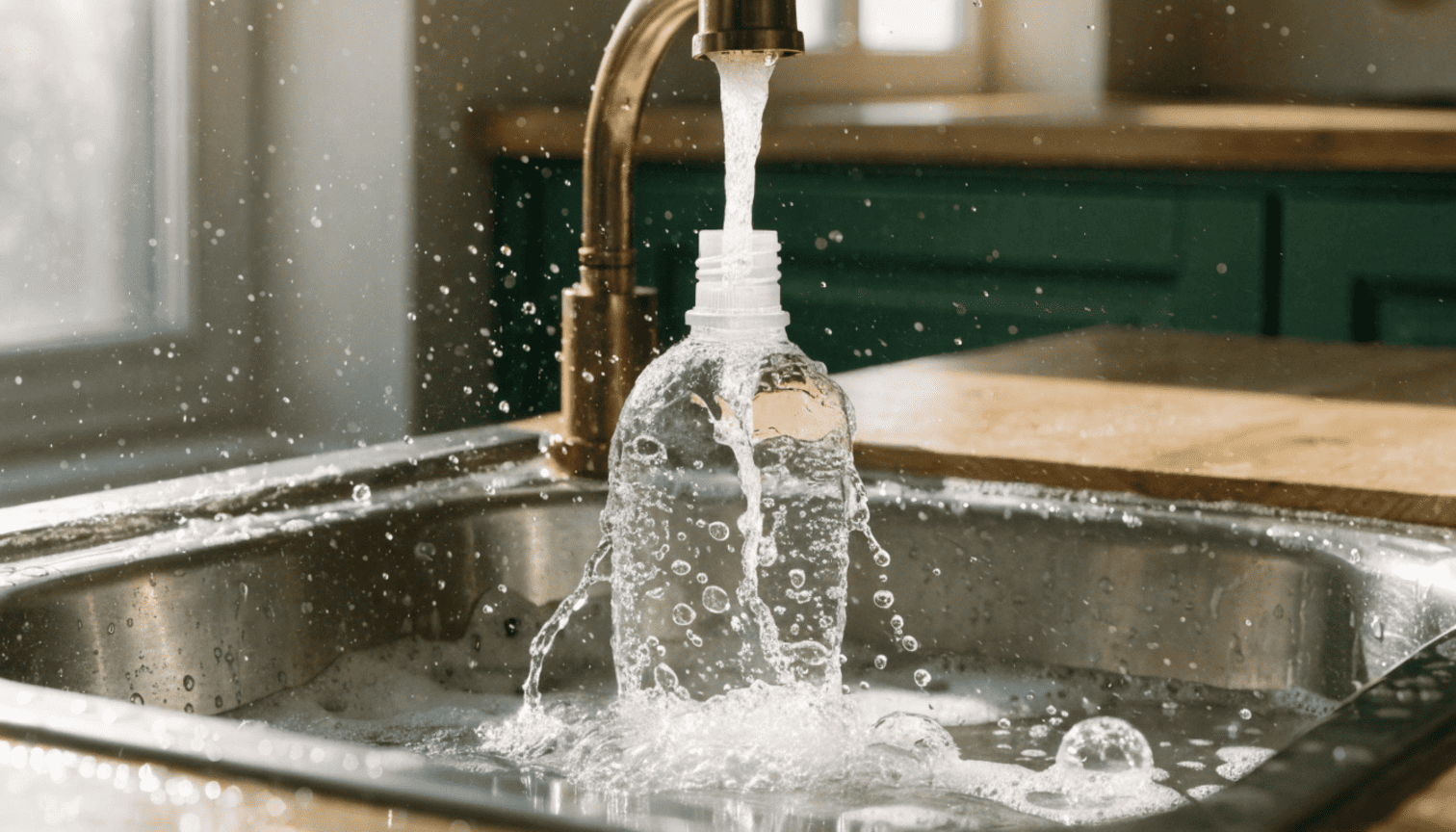A plastic spray bottle being washed with soap and warm water under a kitchen faucet