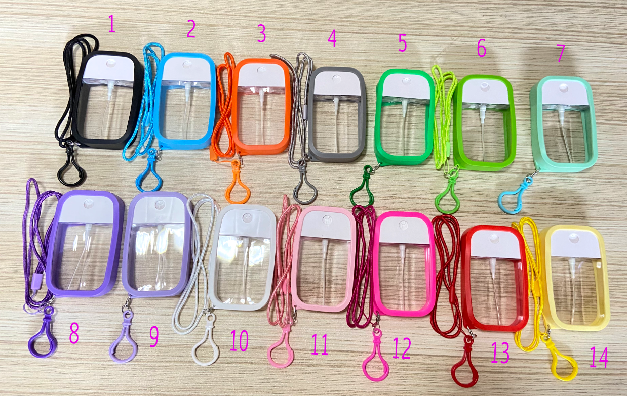 Different styles of 50ml spray bottles made from PET, PP, and HDPE with various pump types arranged in a row