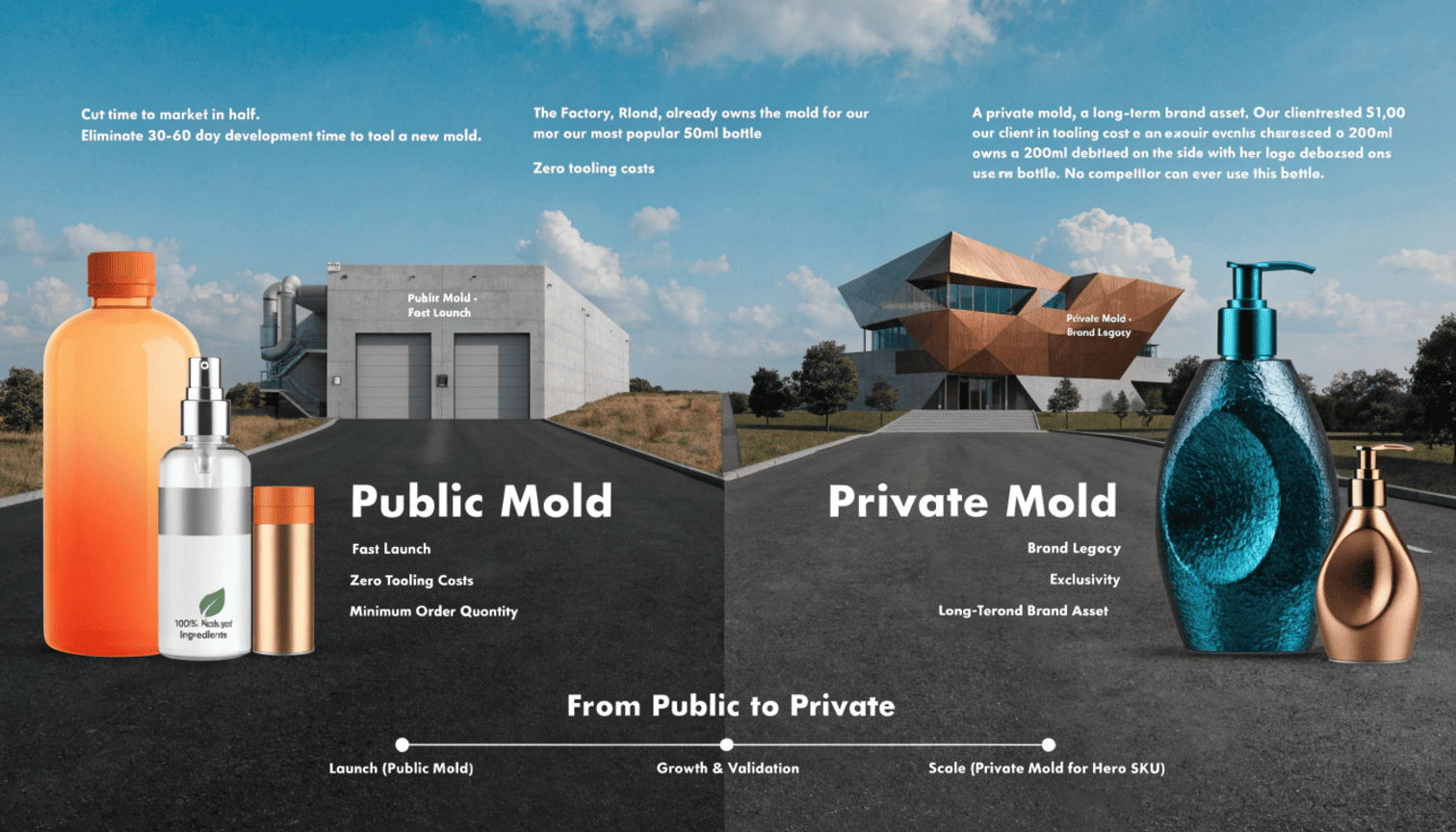 A fork in the road with one path leading to a warehouse labeled Public Mold Fast Launch and the other to a modern brand headquarters labeled Private Mold Brand Legacy