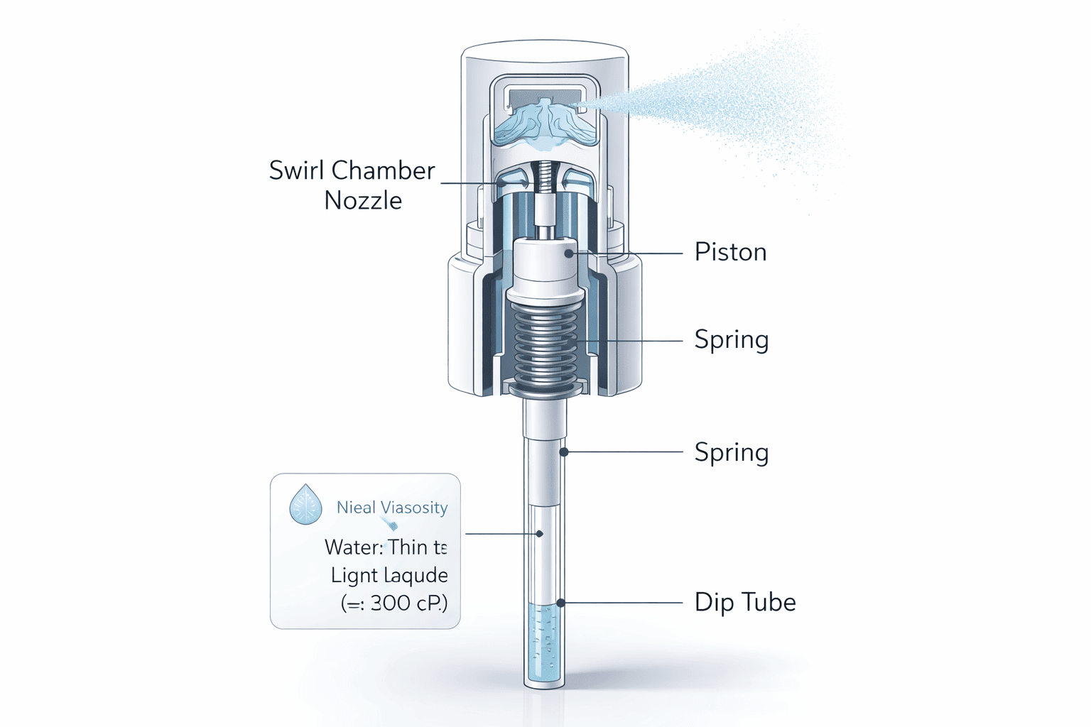 A diagram showing the internal structure of a fine mist sprayer including piston spring dip tube and nozzle