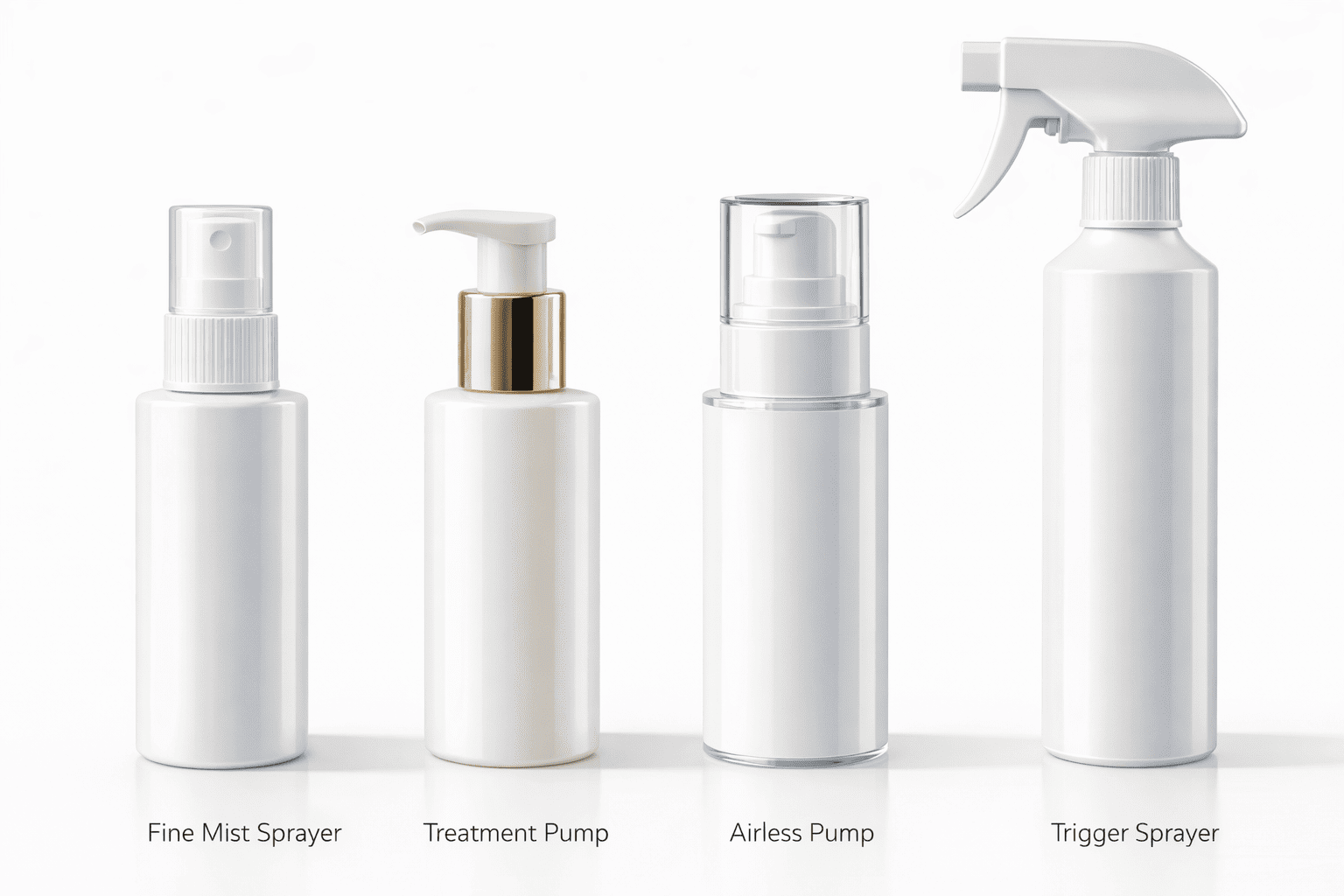 Various cosmetic bottles with different closures including mist sprayer treatment pump and airless pump displayed together