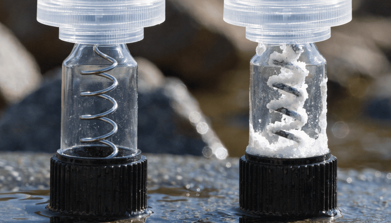 A comparison of a clean pump spring and a corroded clogged spring after exposure to sunscreen formula