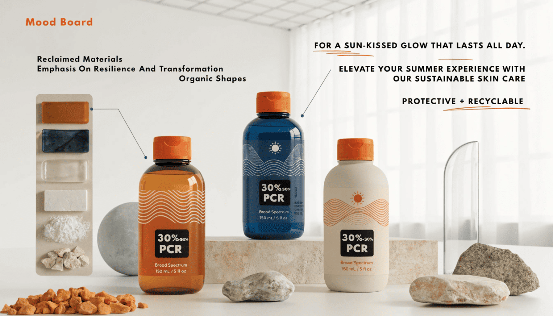 A design board showing sunscreen packaging samples color swatches and a label highlighting 50 percent recycled plastic content