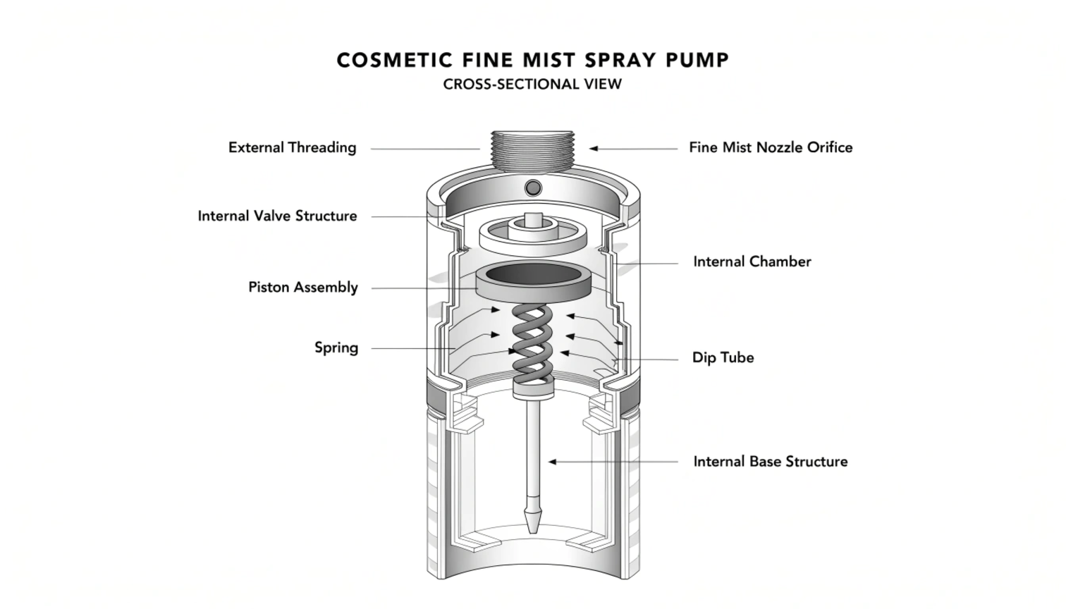 A cross section of a spray pump highlighting internal parts like piston spring chamber and nozzle