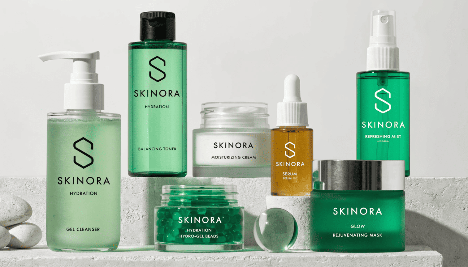 A shelf display of premium skincare products highlighting different packaging styles materials and brand positioning