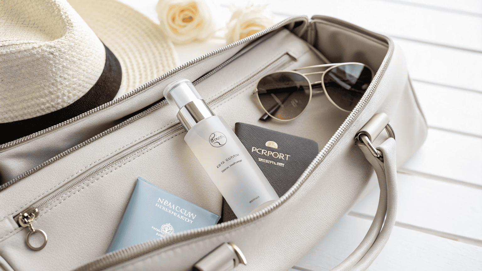 A 50ml facial mist spray bottle placed next to a passport and inside an open handbag showing its portable size