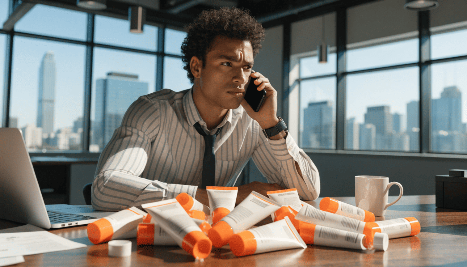 A frustrated business owner reviewing defective sunscreen tubes with leaking caps and misaligned printing on a desk