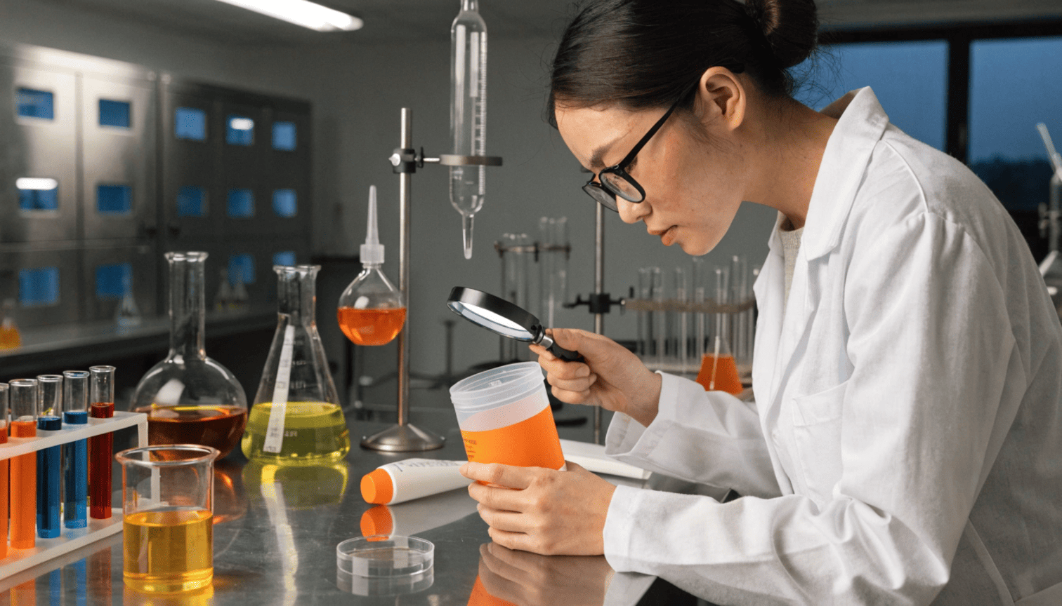 A lab technician inspecting a sunscreen tube to ensure safety material compatibility and quality control