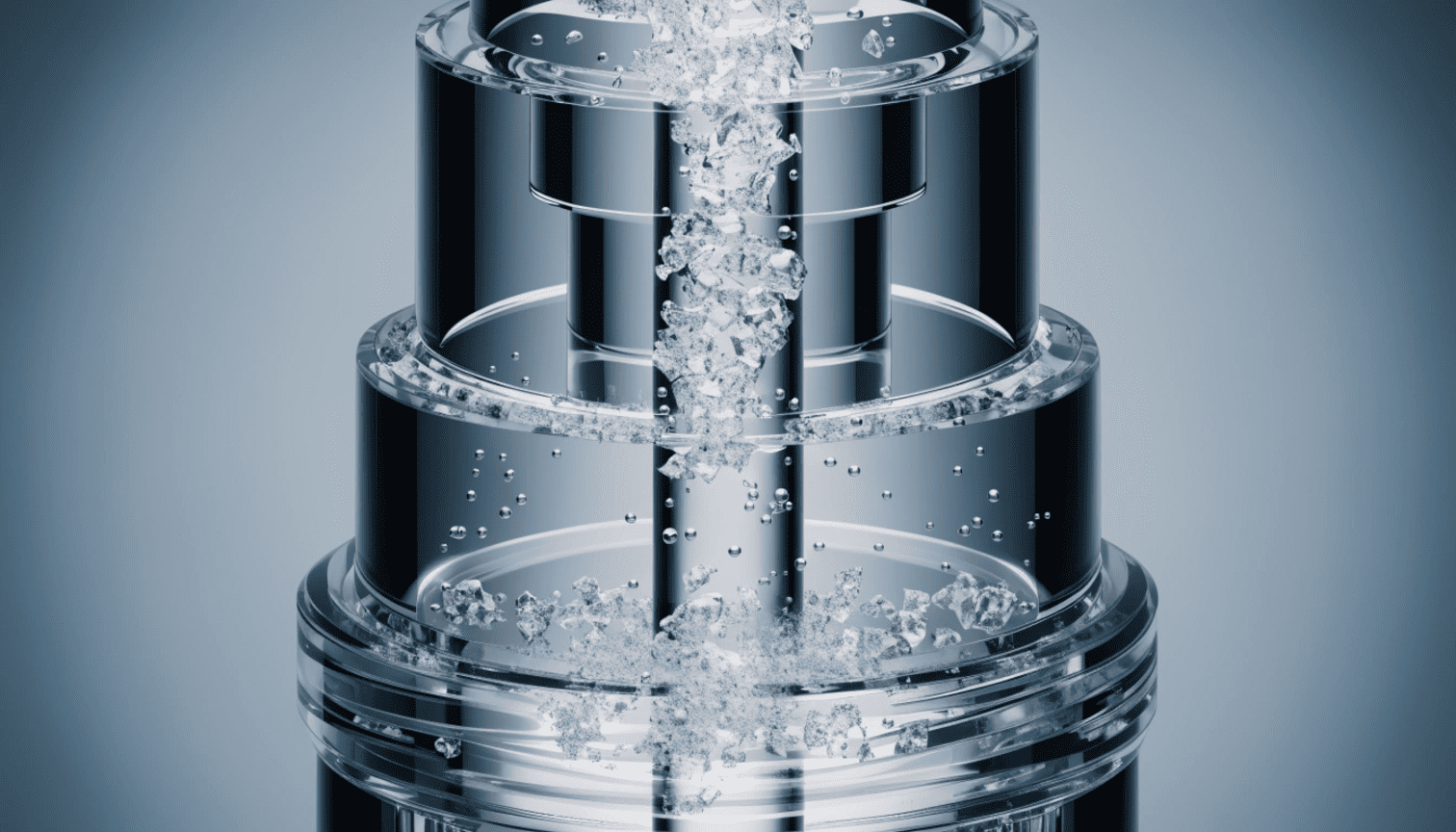 A conceptual close up showing tiny particles blocking a spray nozzle channel causing clogging in a sunscreen pump