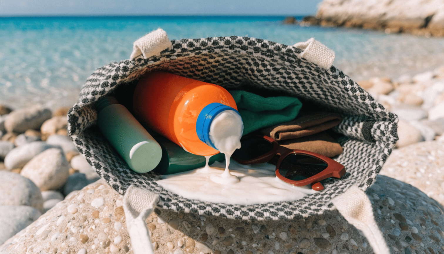 A handbag stained with leaked sunscreen from a poorly sealed tube showing packaging failure in real use