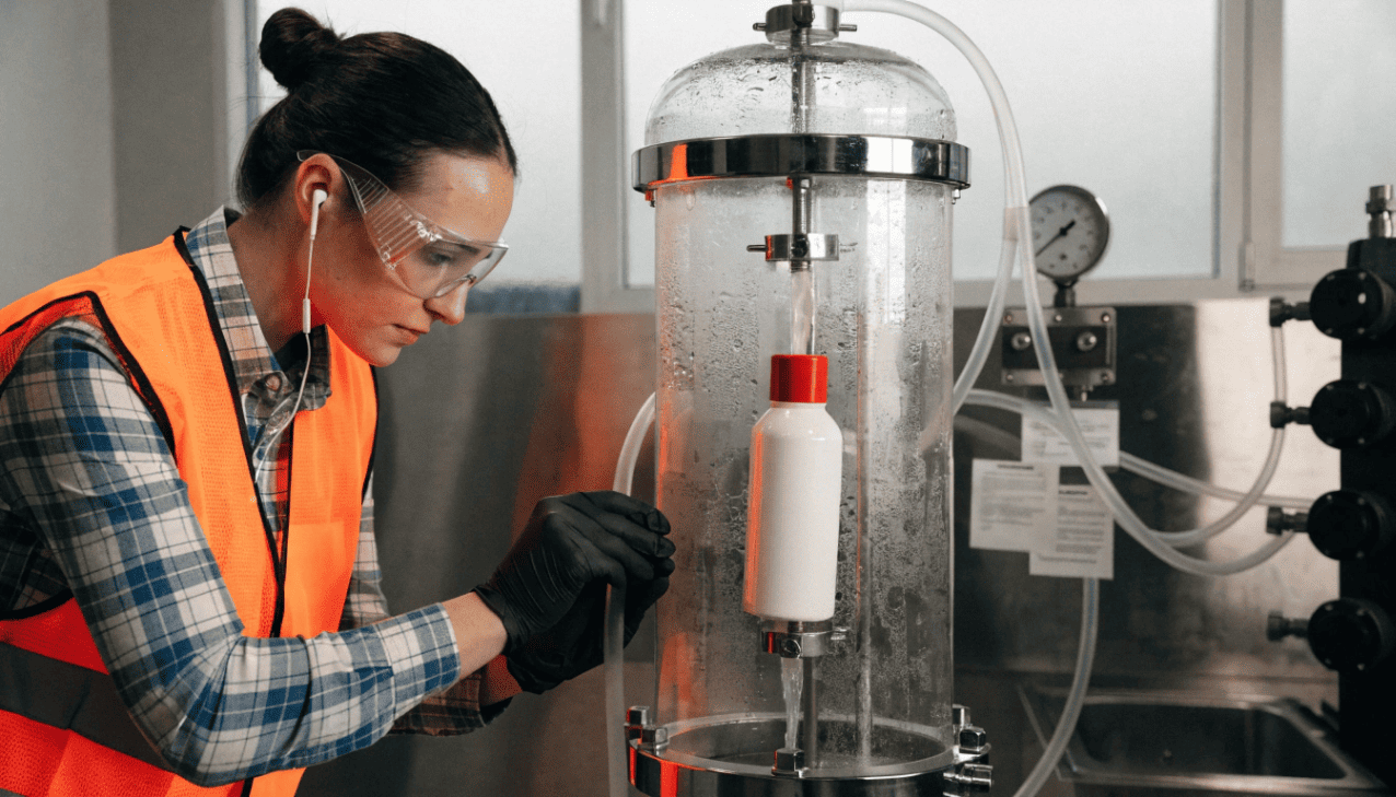 A quality control specialist conducting a pressure test on a sunscreen bottle in a laboratory setting
