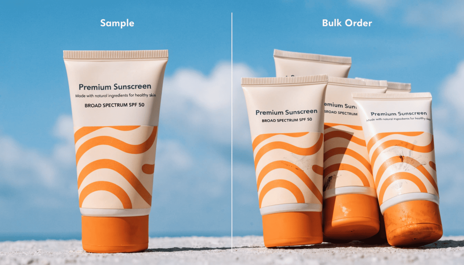 A comparison between a perfect sunscreen sample tube and a batch of bulk tubes with printing defects and color inconsistencies