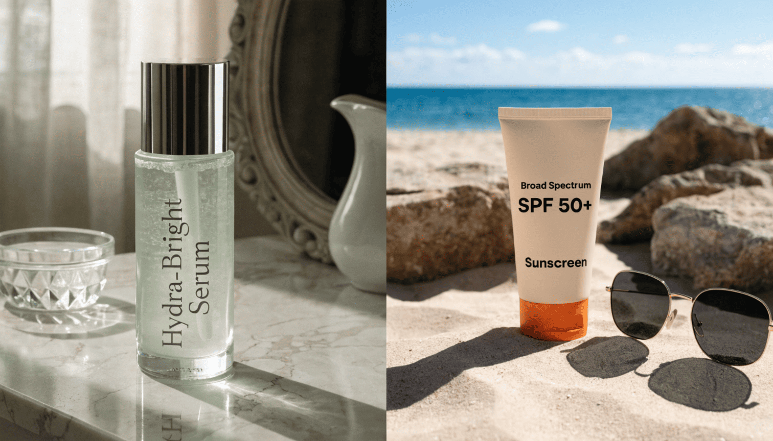 A comparison between a luxury serum bottle on a bathroom counter and a sunscreen tube on a sunny beach with sand and sunglasses
