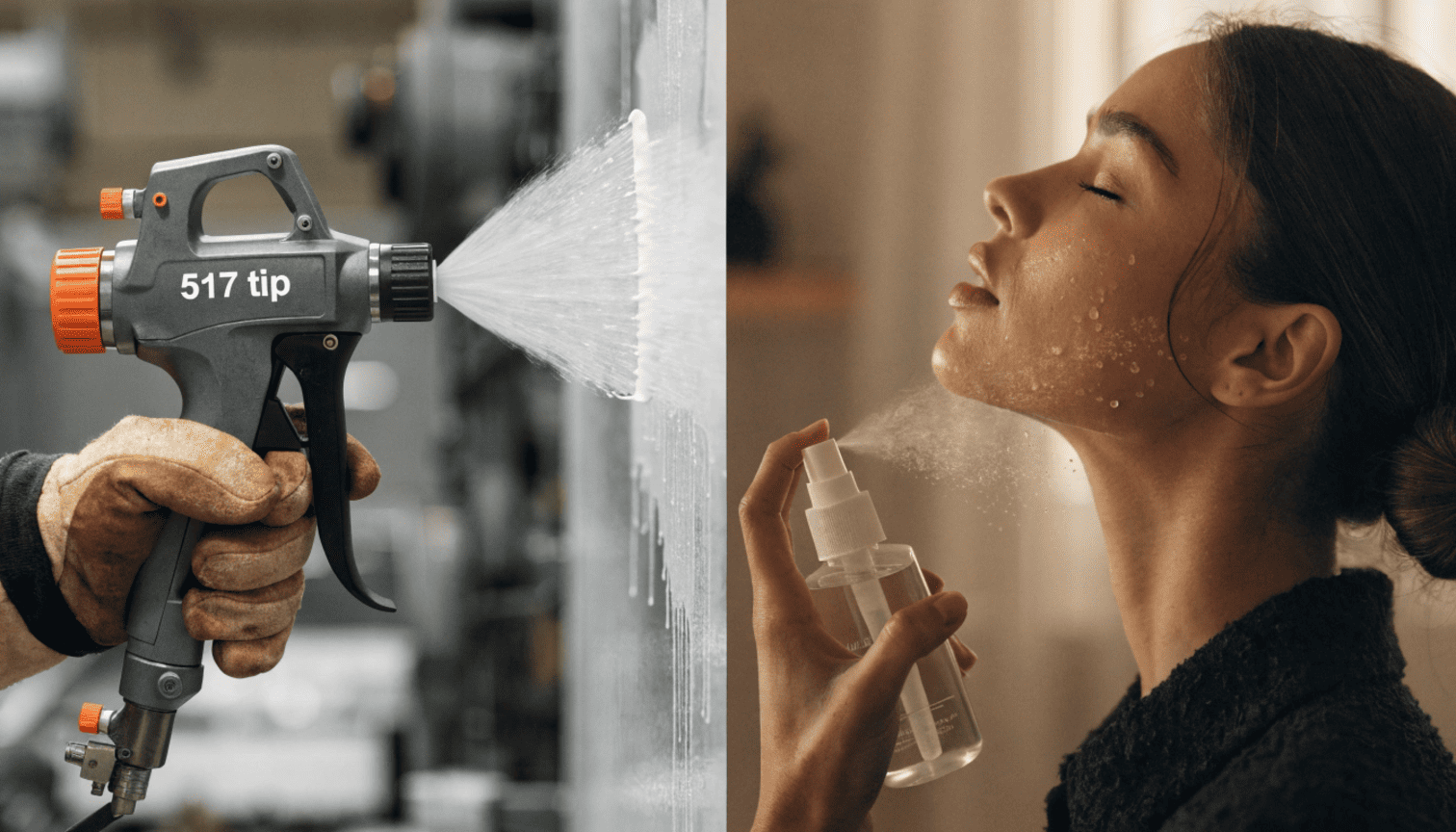 A comparison between an industrial paint sprayer and a cosmetic fine mist spray bottle showing different applications