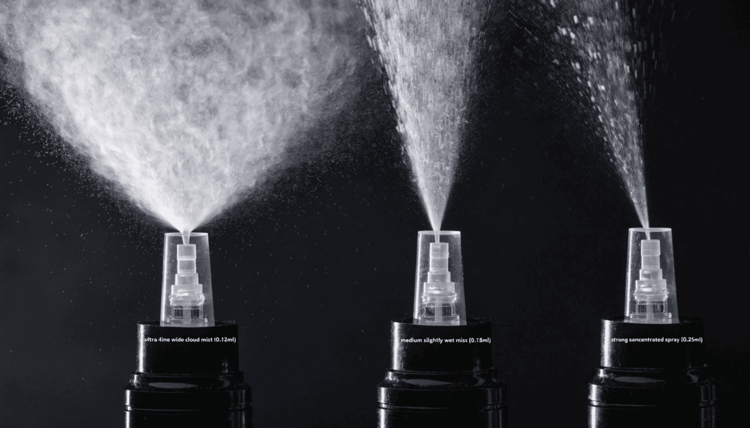 Three spray patterns showing a fine cloud mist, a medium spray, and a strong focused spray against a dark background