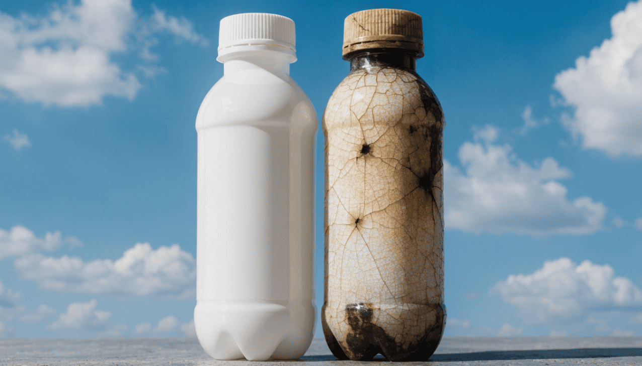 Two plastic sunscreen bottles side by side showing one clean and one yellowed and cracked due to chemical reaction