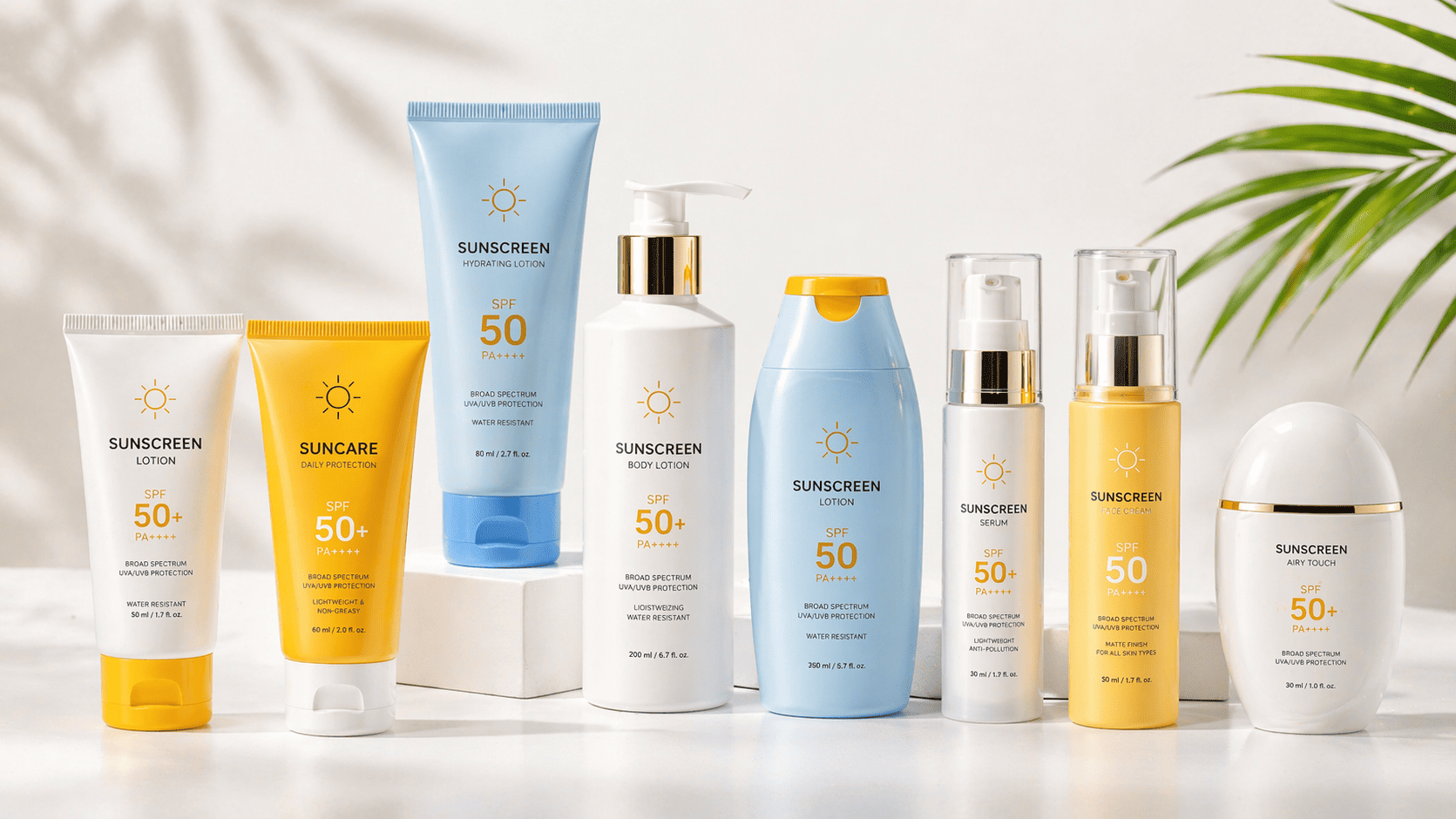 A collection of sunscreen packaging including squeeze tubes airless pumps and PET lotion bottles displayed on a clean background