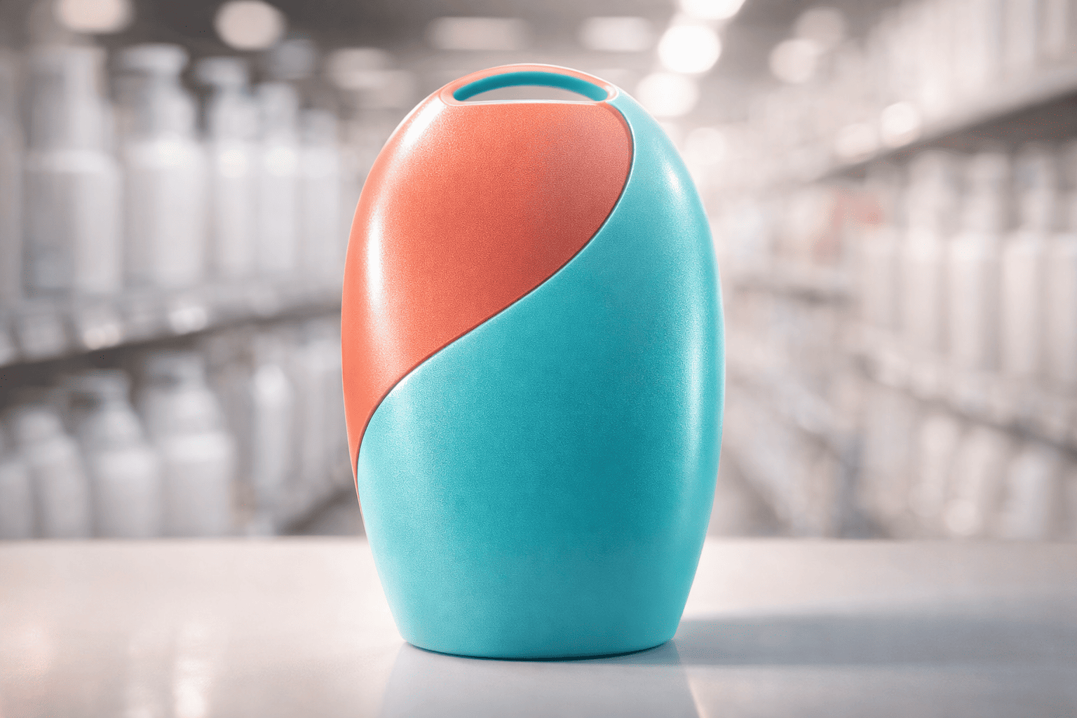 A comparison of generic sunscreen bottles versus a unique colorful bottle that stands out on a retail shelf