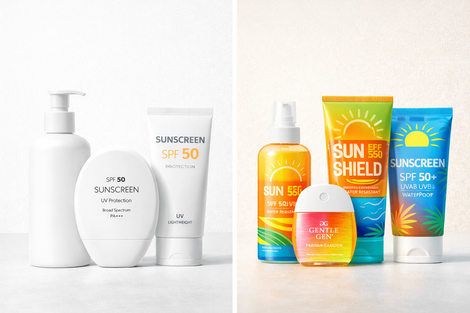 A split view showing clean white minimalist sunscreen bottles on one side and bright colorful sunscreen bottles on the other side