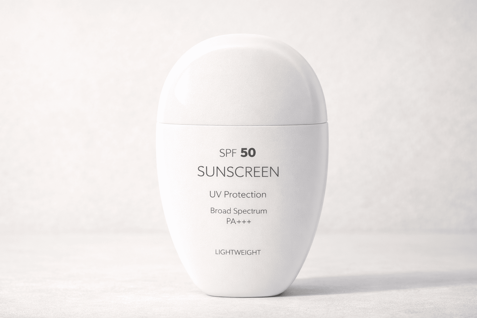 A close-up of a matte sunscreen bottle with simple typography and a clean premium skincare design