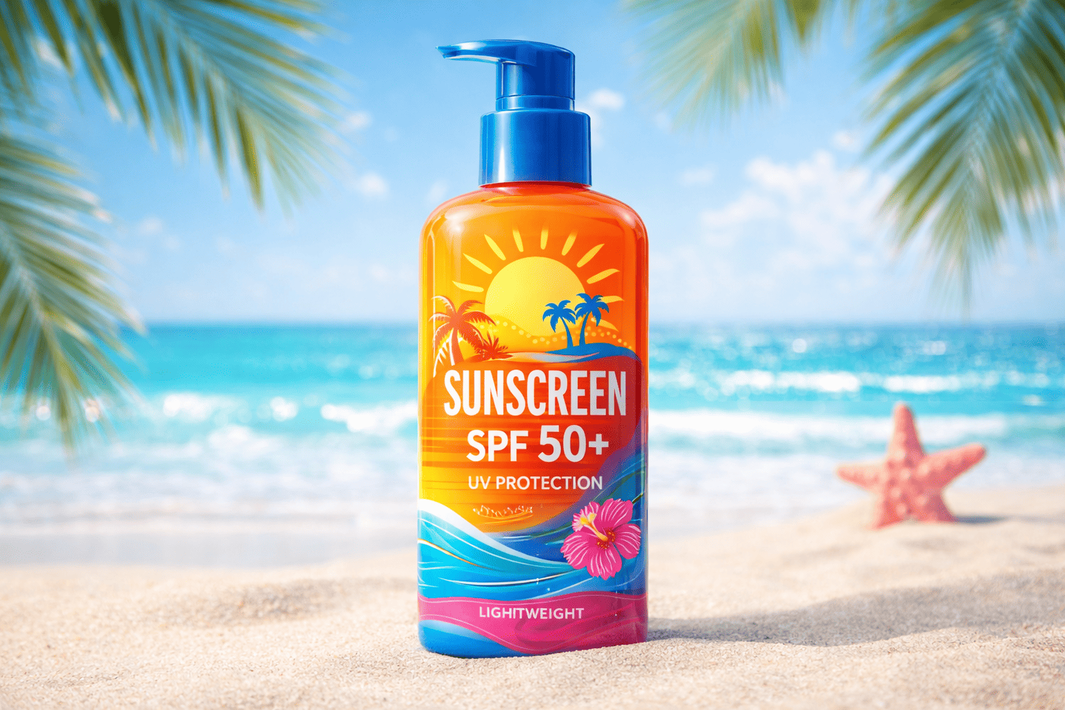 A vibrant sunscreen bottle with bold colors and tropical graphics placed on a sunny beach