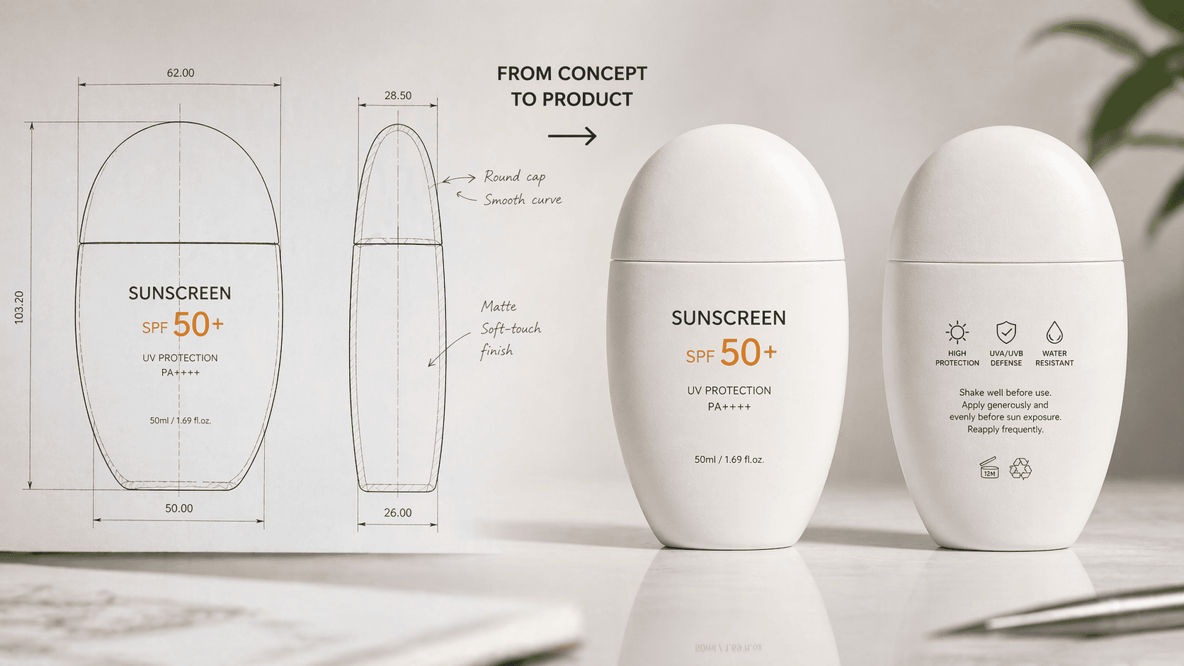 A sunscreen bottle design blueprint placed next to the final manufactured bottle showing the transition from concept to product