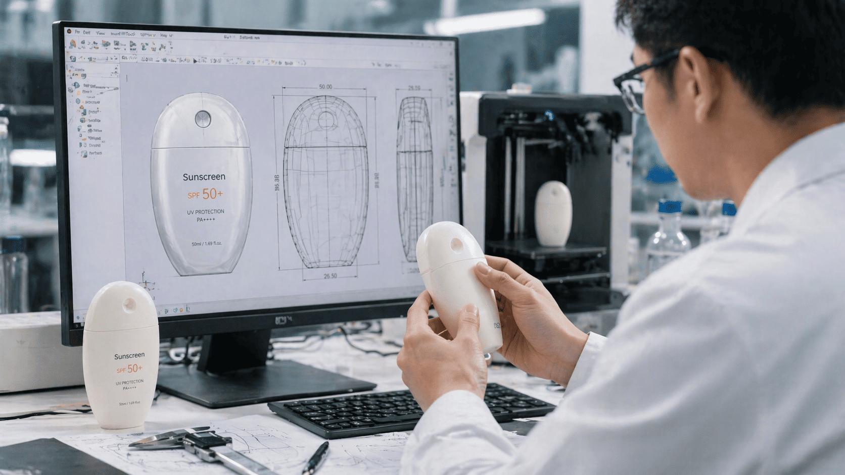 An engineer reviewing a 3D bottle design on screen with a prototype model beside it in a factory setting