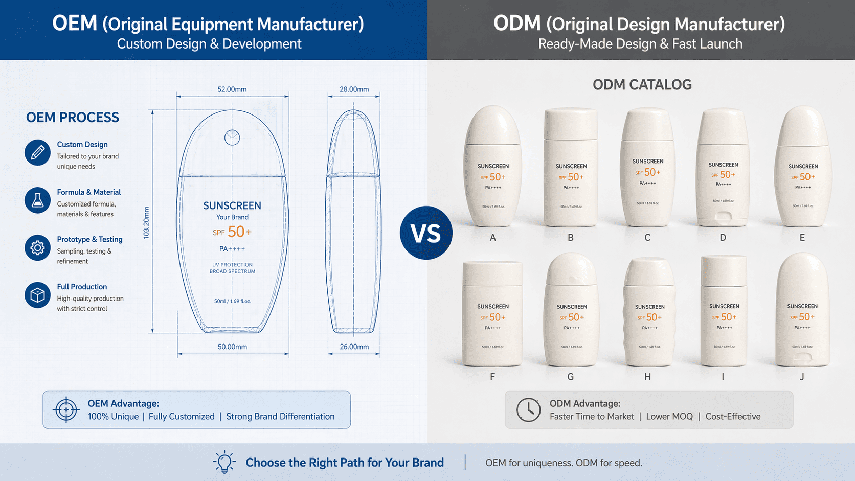 A comparison showing custom bottle blueprint for OEM and a catalog of standard bottles for ODM selection