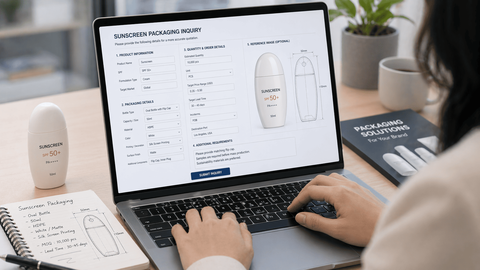 A professional inquiry form showing detailed packaging specifications like size material quantity and color