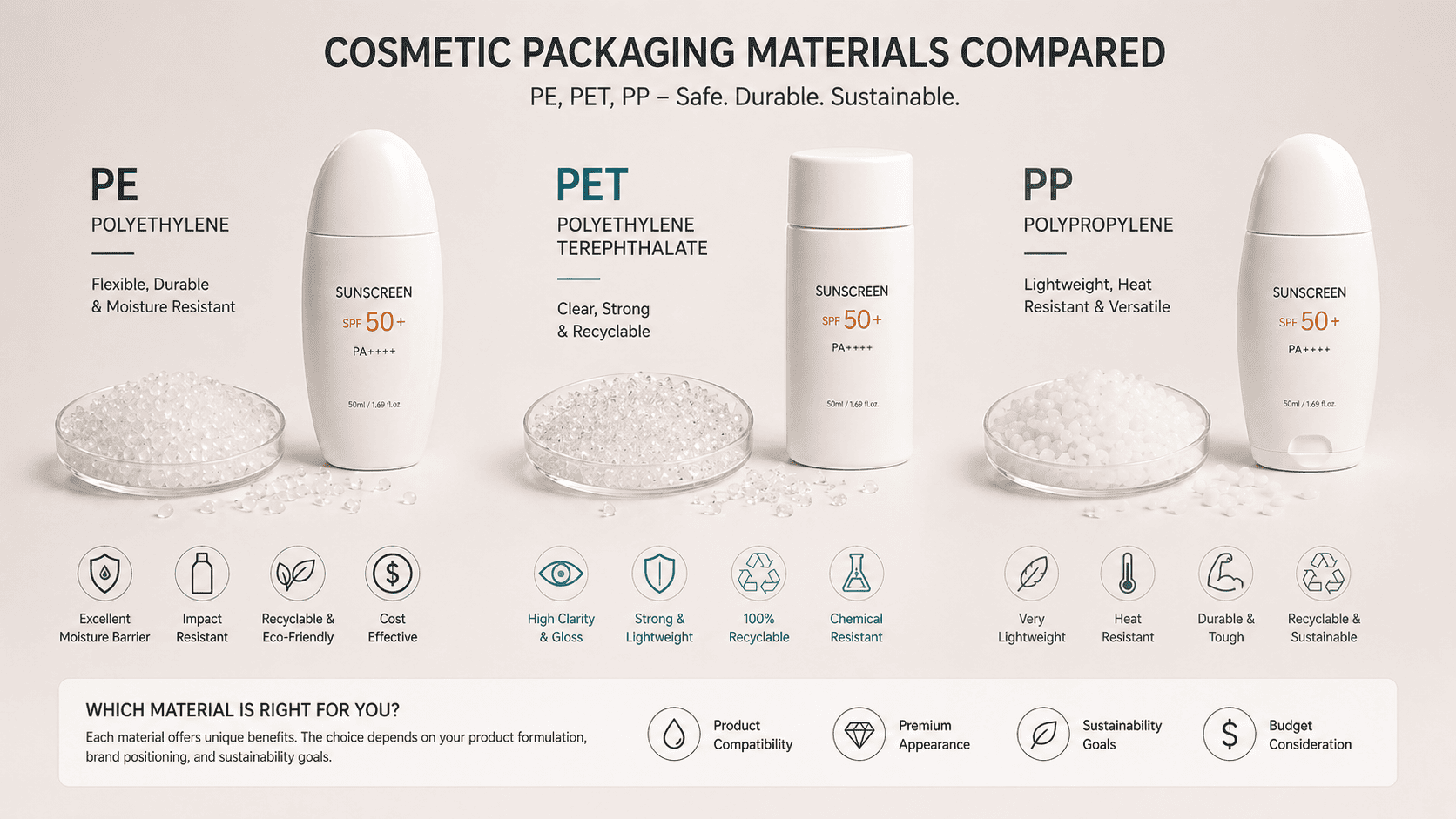 Different plastic materials including PE PET and PP displayed with corresponding sunscreen packaging examples