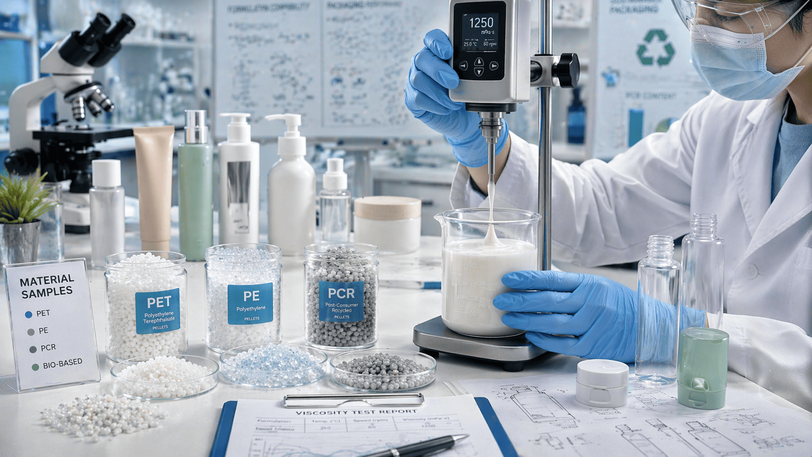 A lab technician testing sunscreen viscosity with different plastic materials like PE PET and PCR shown nearby