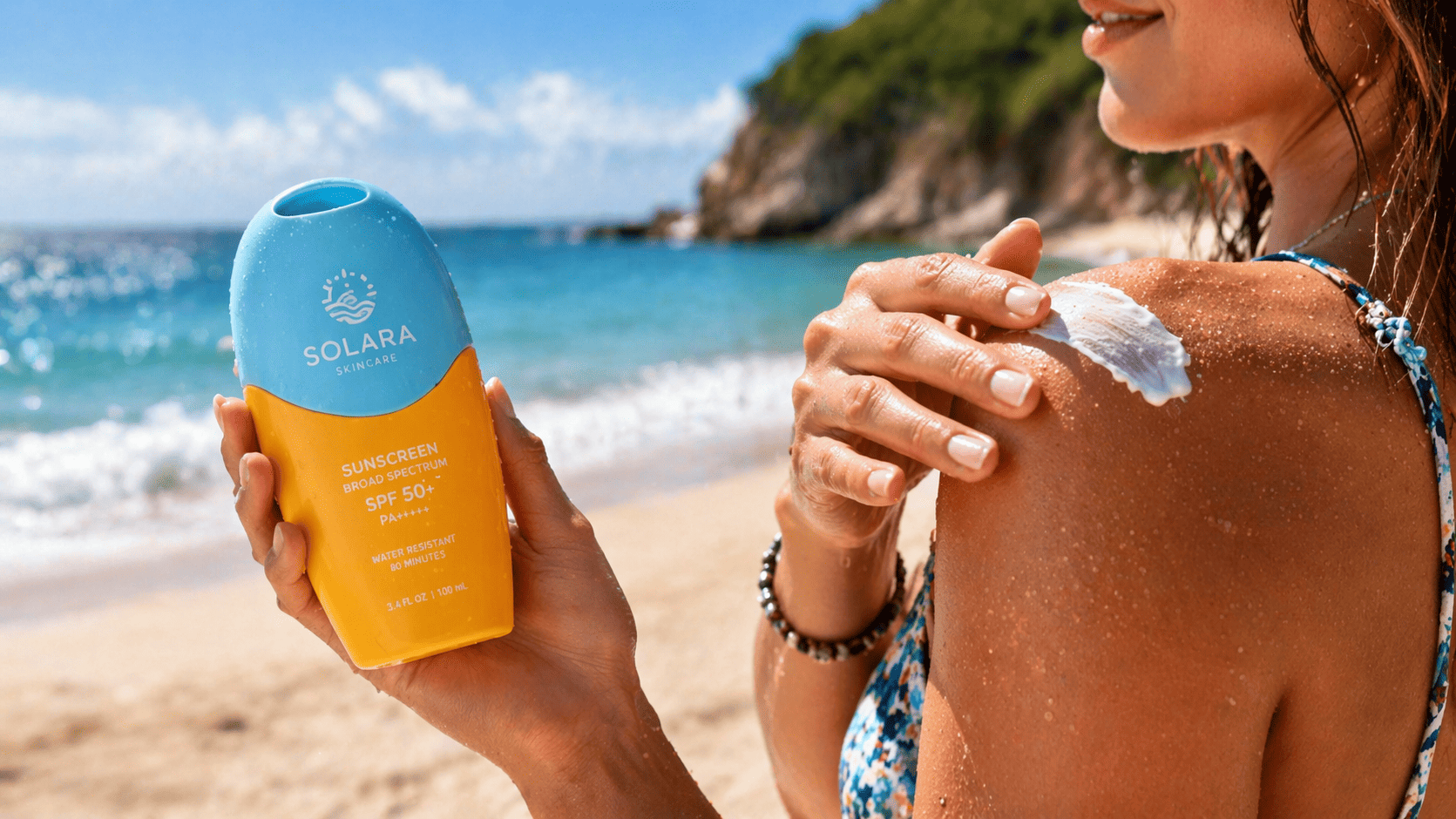 A person applying sunscreen at the beach using an ergonomic custom colored bottle designed for easy use