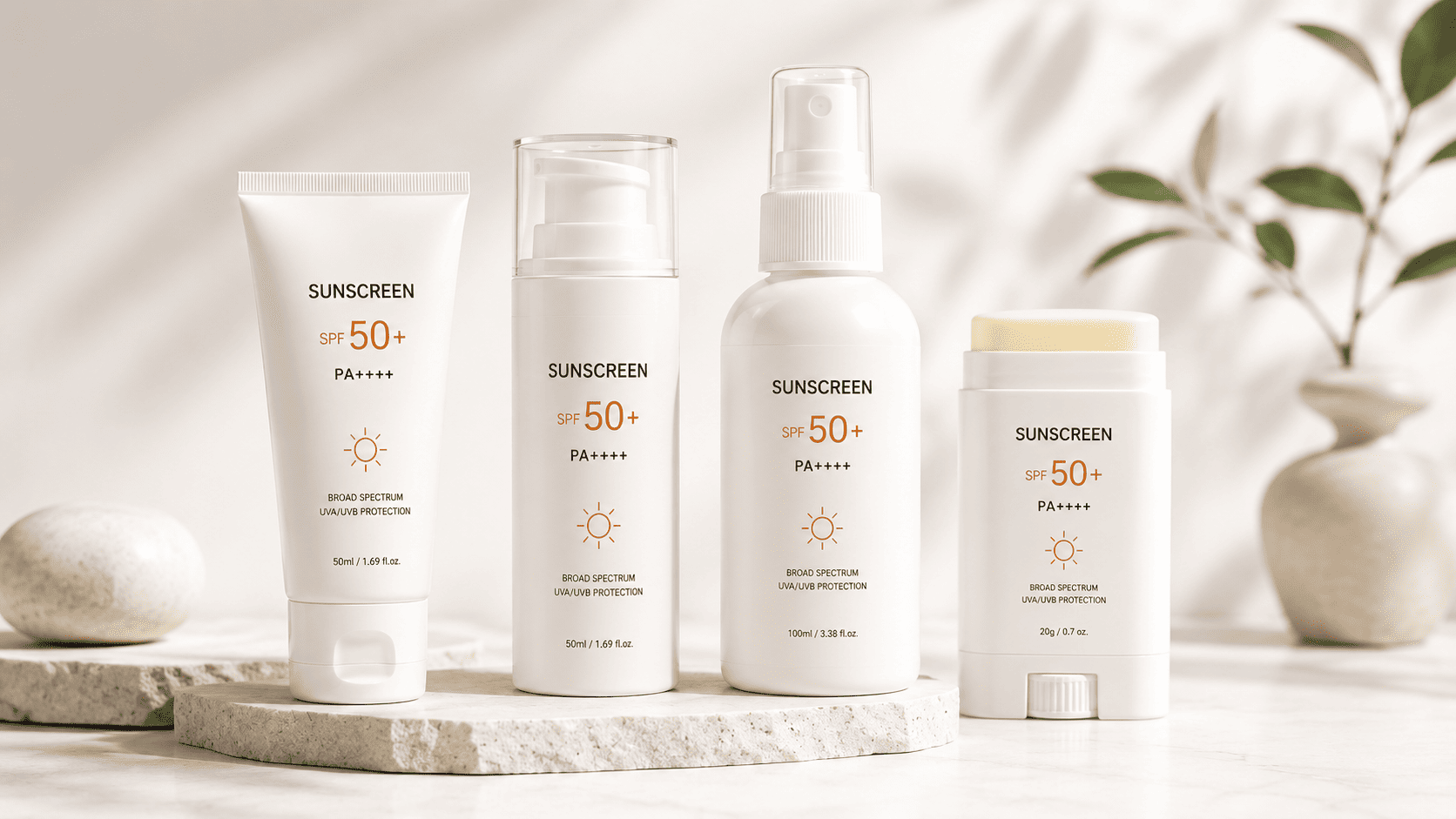 Various sunscreen packaging formats including tubes, airless bottles, spray bottles, and sunscreen sticks arranged together