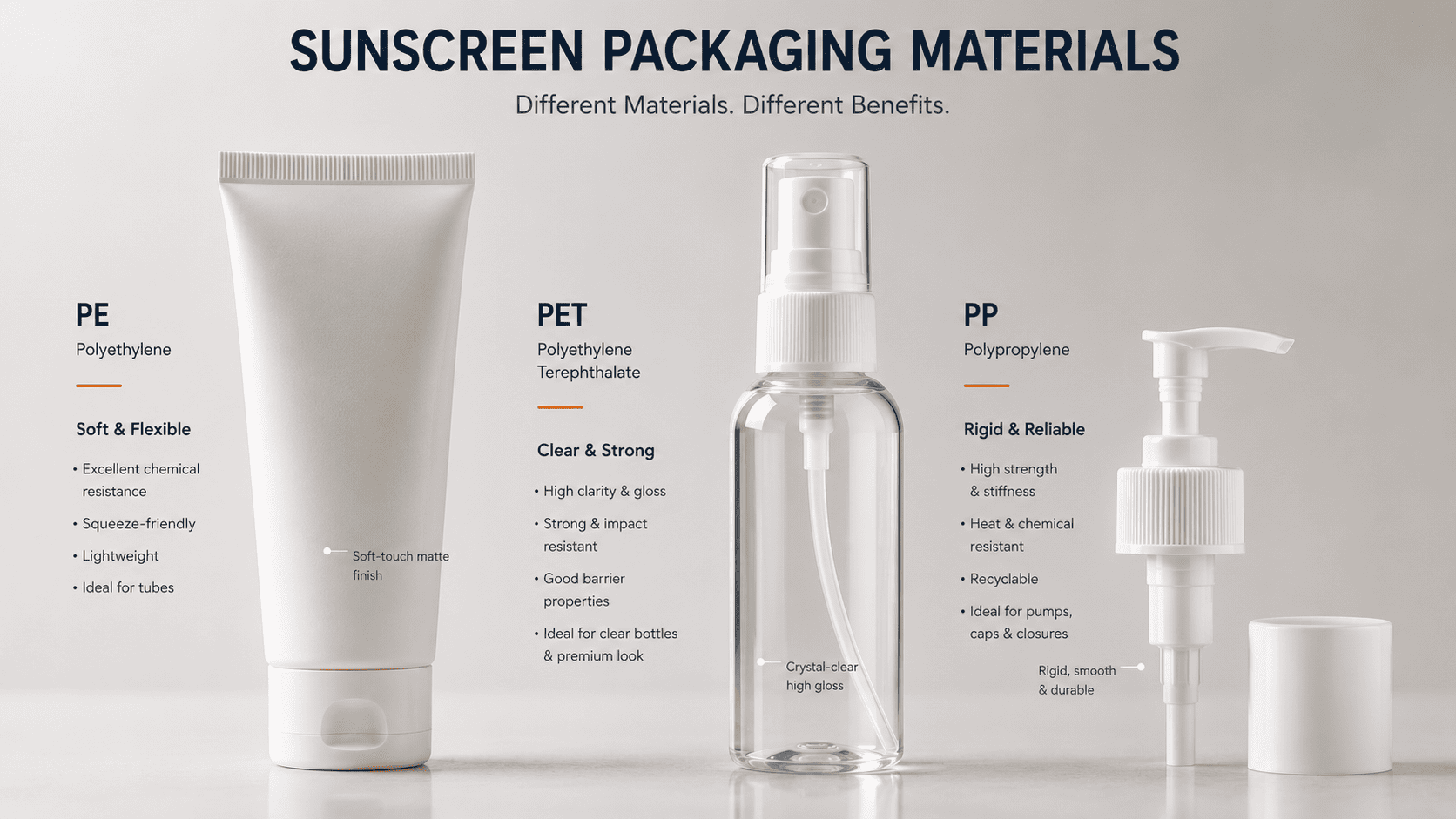 Comparison of PE, PET, and PP materials used for sunscreen packaging showing different textures and finishes