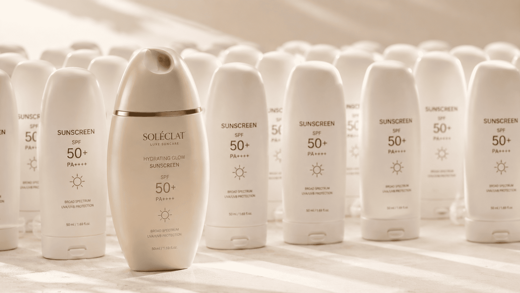 Unique custom sunscreen bottle standing beside generic packaging bottles